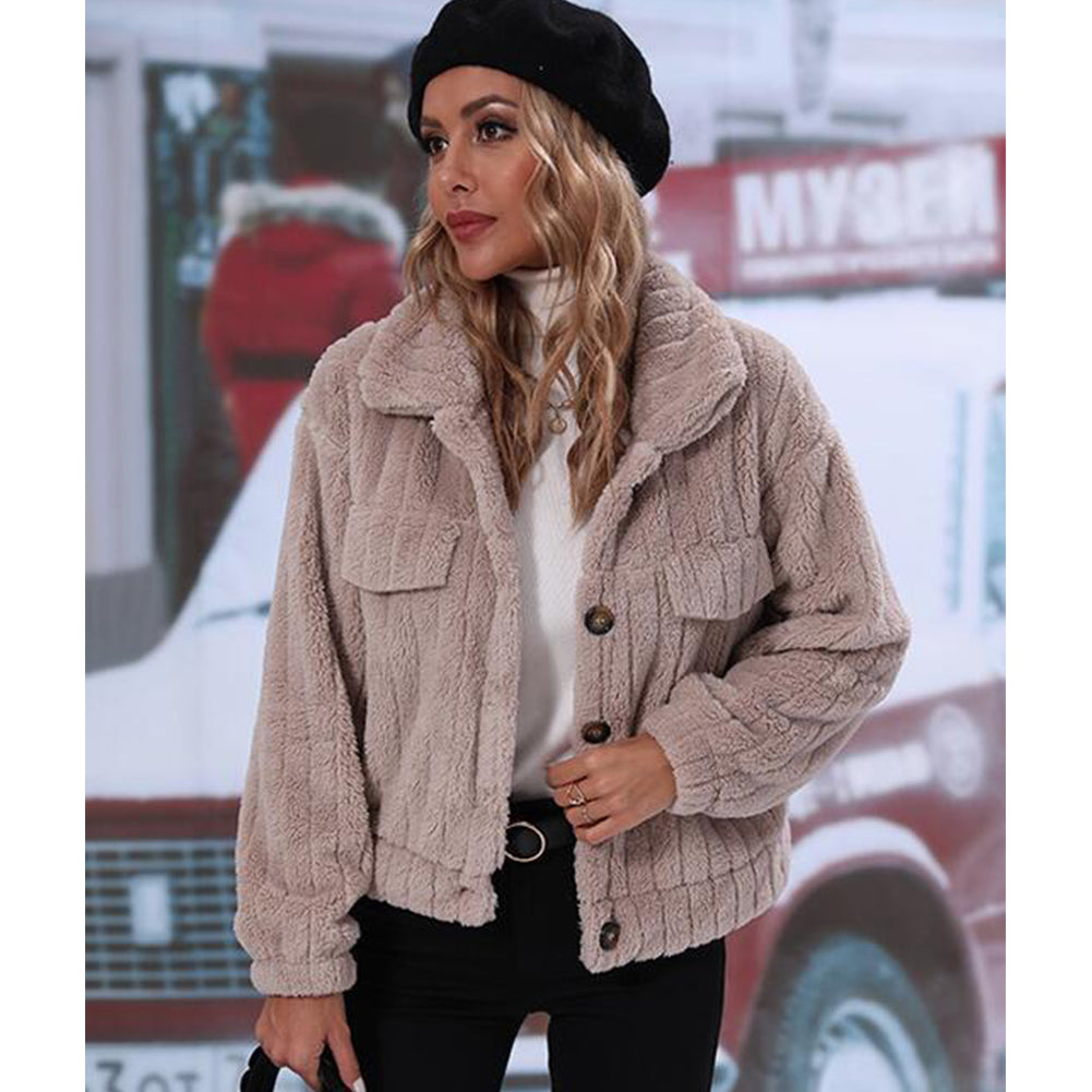 YESFASHION Women Lapel Collar Coat Loose-breasted Striped Casual Jacket PBY-10DP