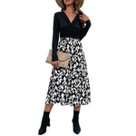 YESFASHION Women Fashion Spring New V-neck Long-sleeve Stitching Dress