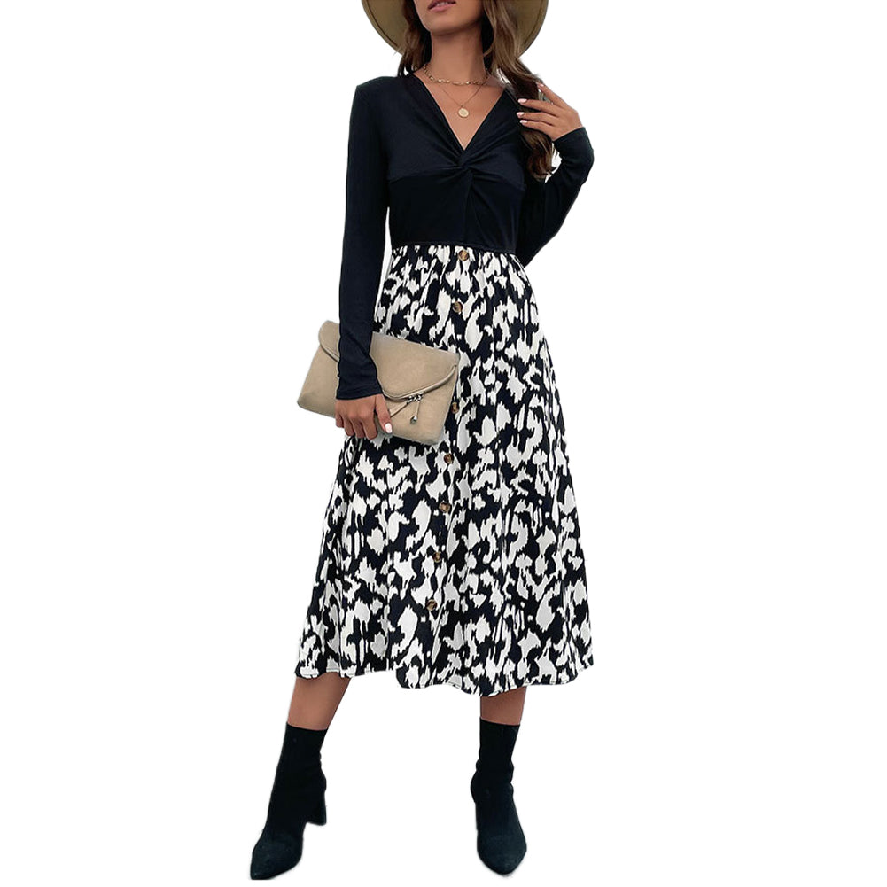 YESFASHION Women Fashion Spring New V-neck Long-sleeve Stitching Dress