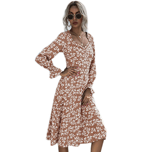 YESFASHION V-neck Pleated Short French Floral Dress