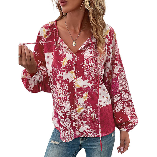 YESFASHION Fashion Women Inner Tie Long-sleeved Floral Shirt
