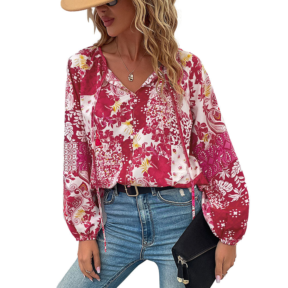 YESFASHION Fashion Women Inner Tie Long-sleeved Floral Shirt