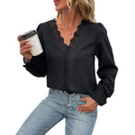 YESFASHION Women Tops Spring New Long-sleeved V-neck Lace Shirt