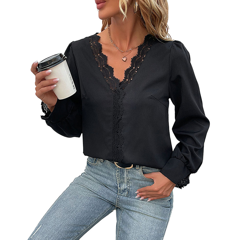 YESFASHION Women Tops Spring New Long-sleeved V-neck Lace Shirt