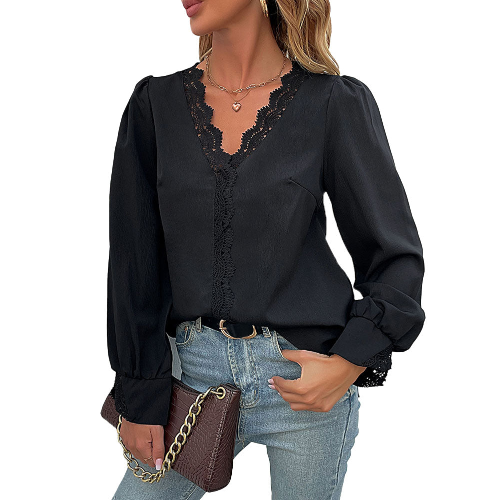 YESFASHION Women Tops Spring New Long-sleeved V-neck Lace Shirt