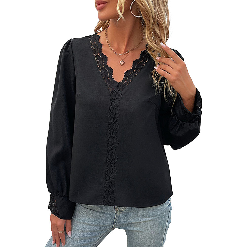 YESFASHION Women Tops Spring New Long-sleeved V-neck Lace Shirt