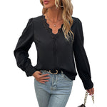 YESFASHION Women Tops Spring New Long-sleeved V-neck Lace Shirt
