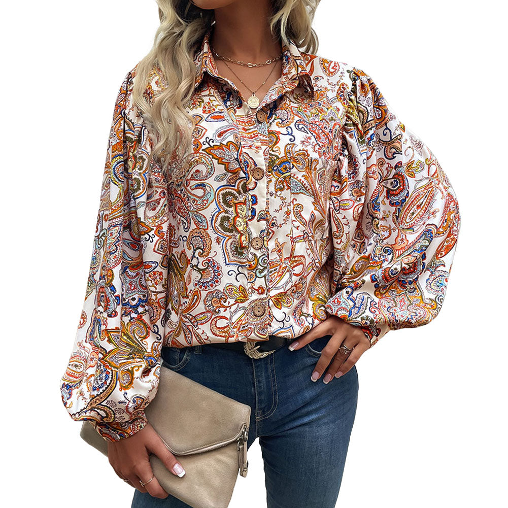 YESFASHION Women Spring New Lapel Long Sleeve Tops Printed Shirt
