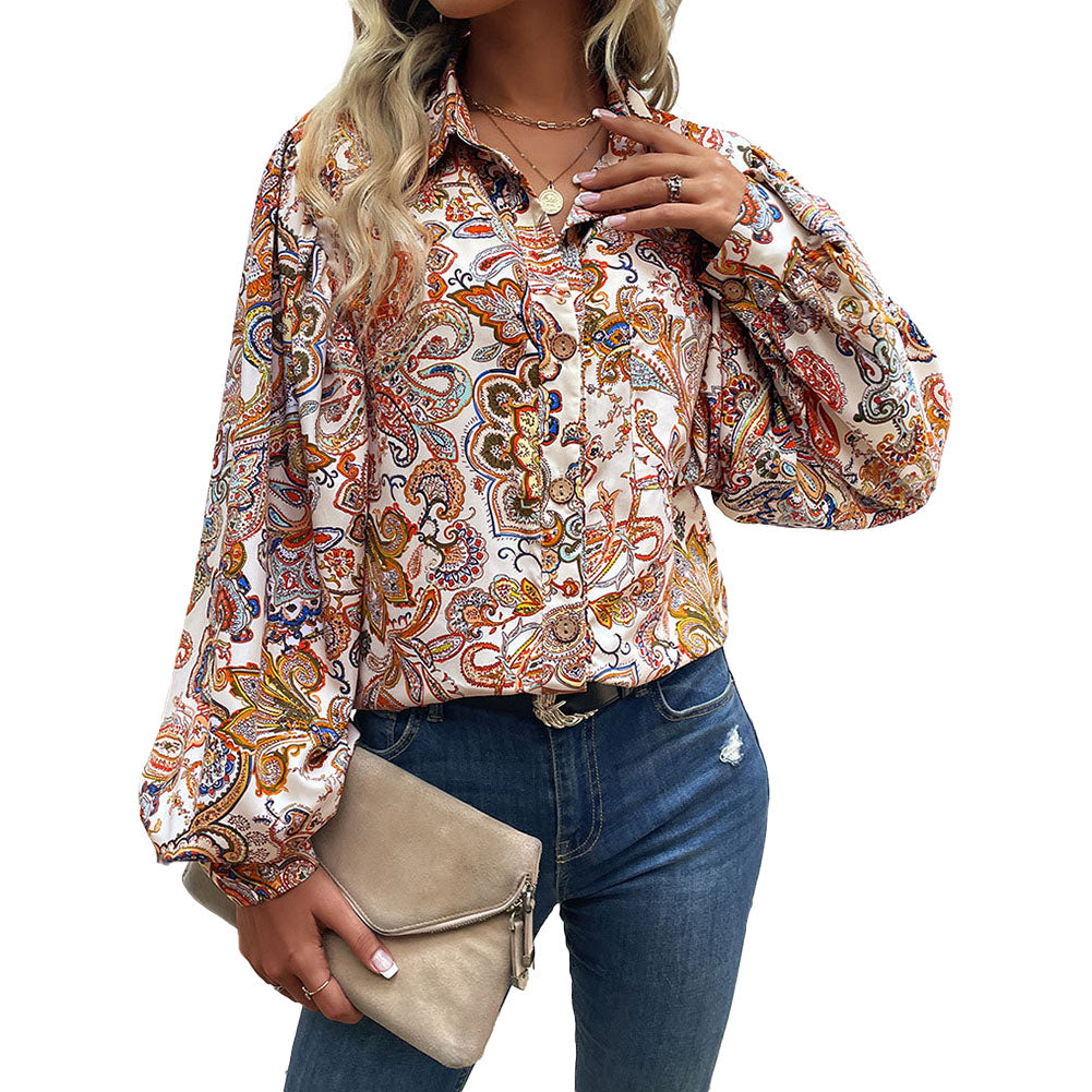 YESFASHION Women Spring New Lapel Long Sleeve Tops Printed Shirt