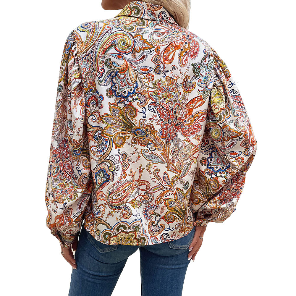 YESFASHION Women Spring New Lapel Long Sleeve Tops Printed Shirt