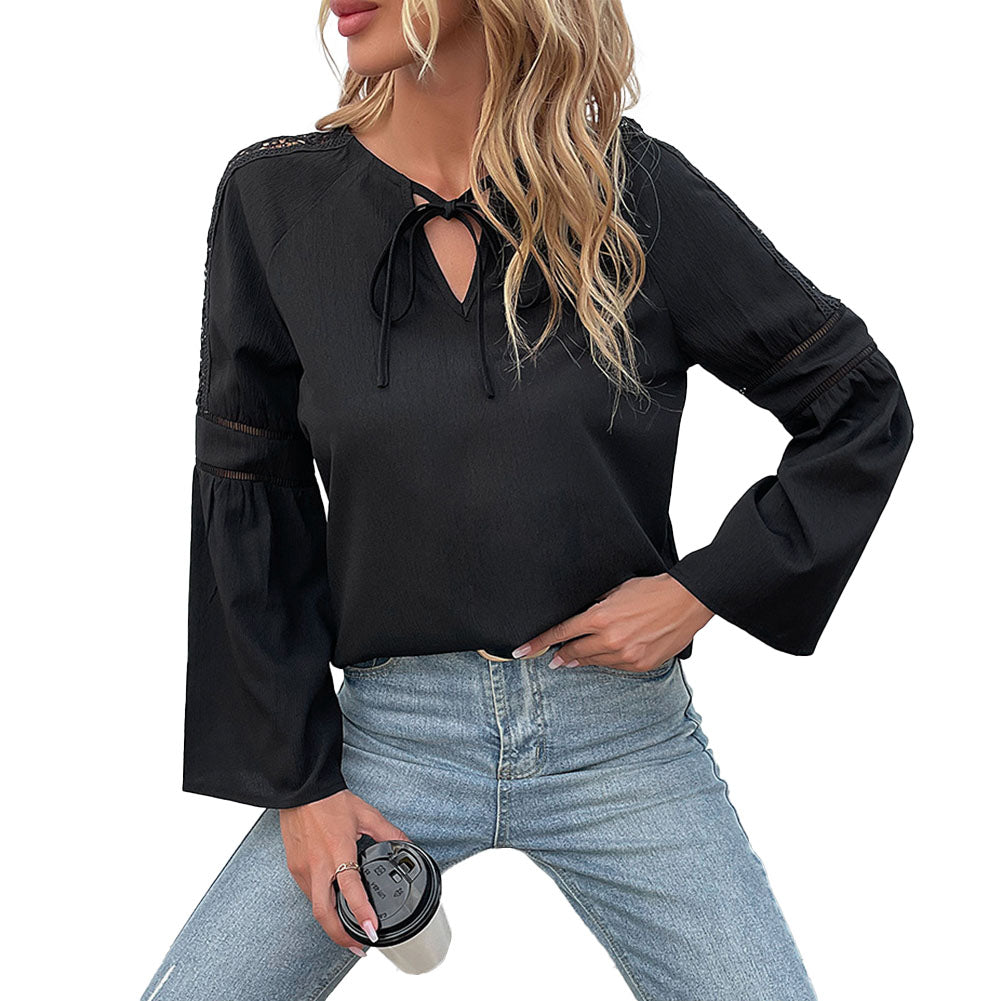 YESFASHION Women Spring Tops Solid Color Long Sleeve Stitching Lace Shirt