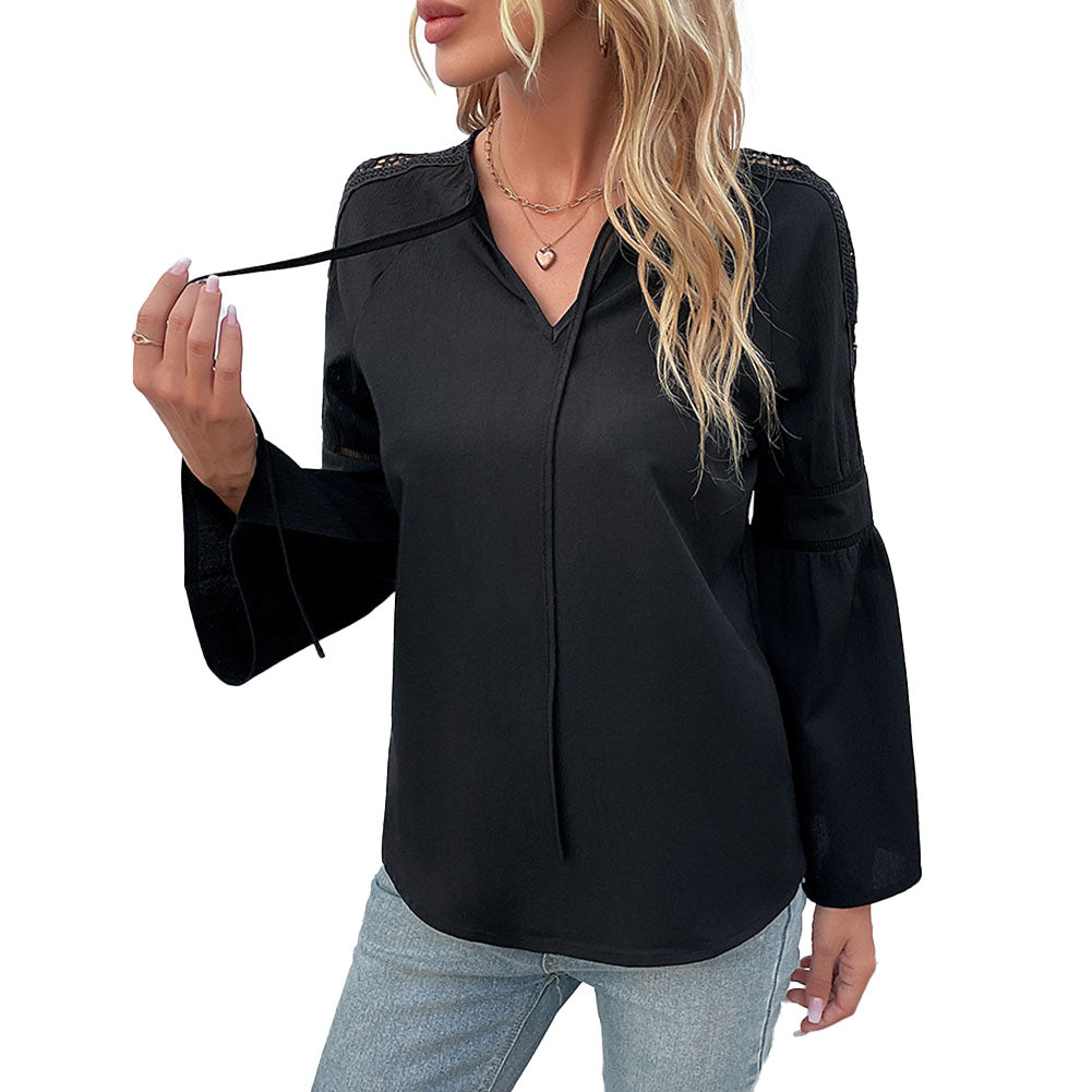 YESFASHION Women Spring Tops Solid Color Long Sleeve Stitching Lace Shirt