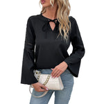 YESFASHION Women Spring Tops Solid Color Long Sleeve Stitching Lace Shirt