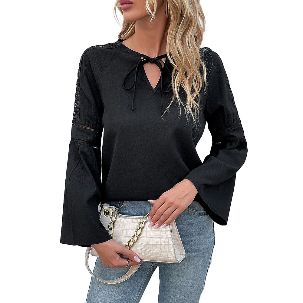YESFASHION Women Spring Tops Solid Color Long Sleeve Stitching Lace Shirt