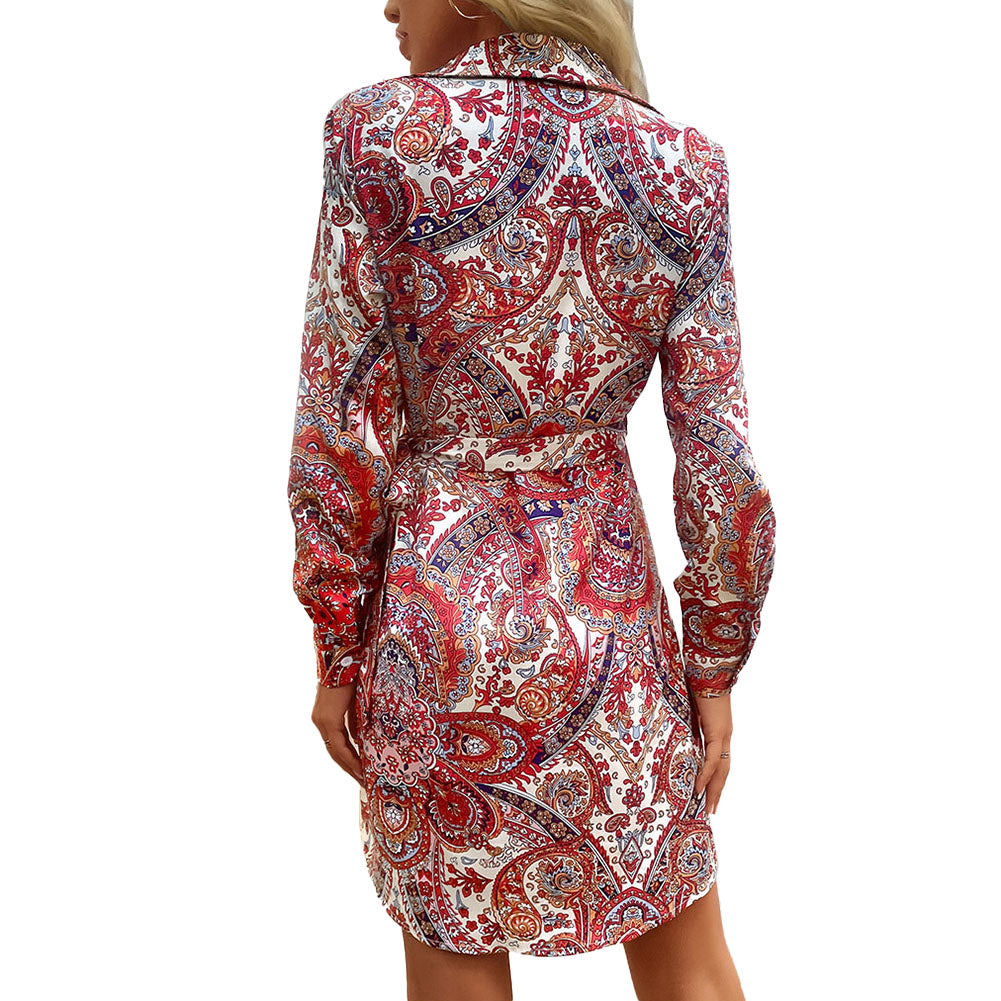 YESFASHION Women Spring New Print Long Sleeve One-piece Dress