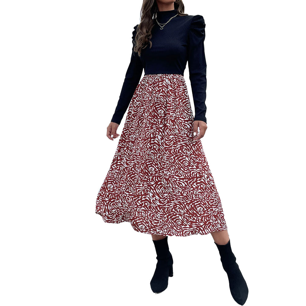 YESFASHION Women Spring Half-high Collar Stitching Puff Sleeve Dress