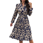 YESFASHION Women Spring New Pleated Print Long Sleeve Dress