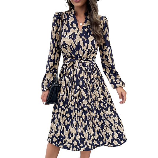 YESFASHION Women Spring New Pleated Print Long Sleeve Dress