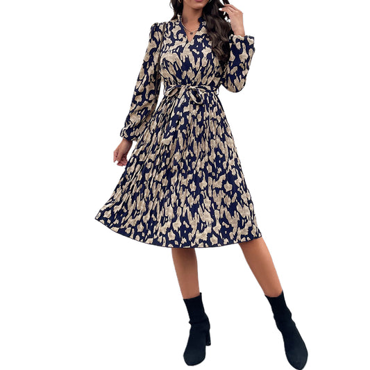 YESFASHION Women Spring New Pleated Print Long Sleeve Dress