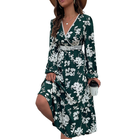 YESFASHION Women Spring Ruffled Long Sleeve Printed Irregular Dress