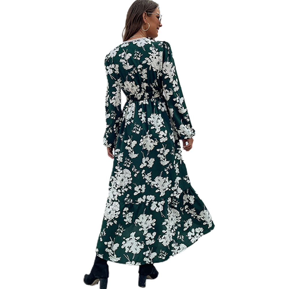 YESFASHION Women Spring Ruffled Long Sleeve Printed Irregular Dress