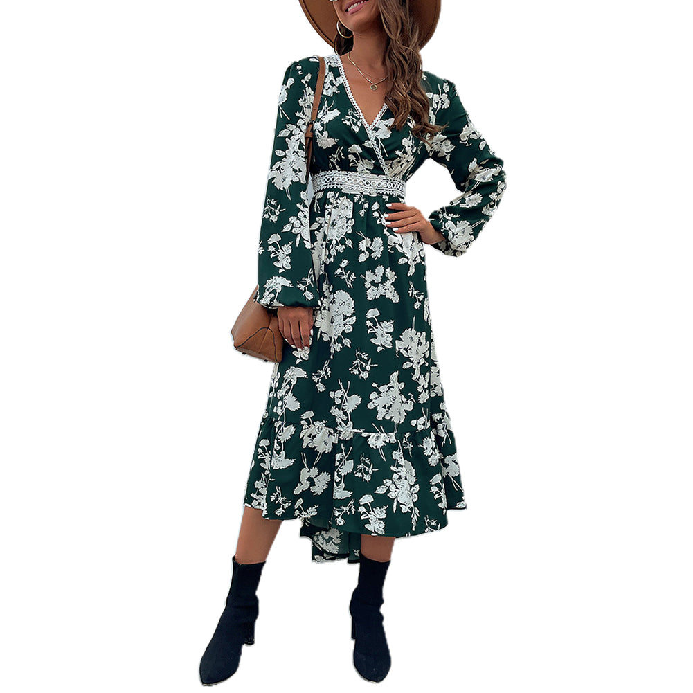 YESFASHION Women Spring Ruffled Long Sleeve Printed Irregular Dress