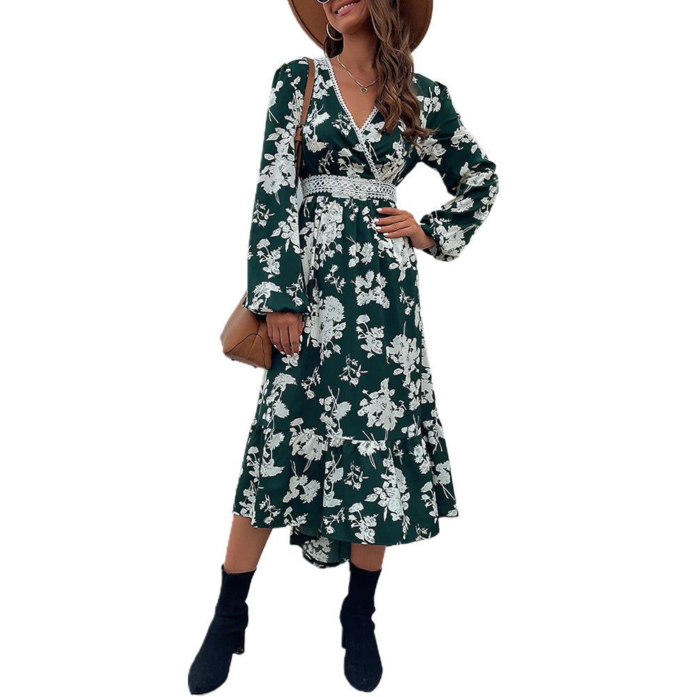YESFASHION Women Spring Ruffled Long Sleeve Printed Irregular Dress
