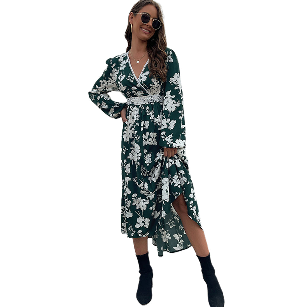 YESFASHION Women Spring Ruffled Long Sleeve Printed Irregular Dress
