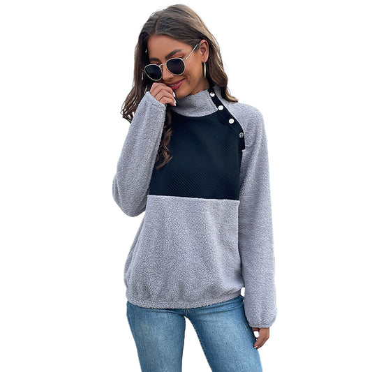 YESFASHION Color Block Long Sleeve Mock Neck Fleece Sweatshirts