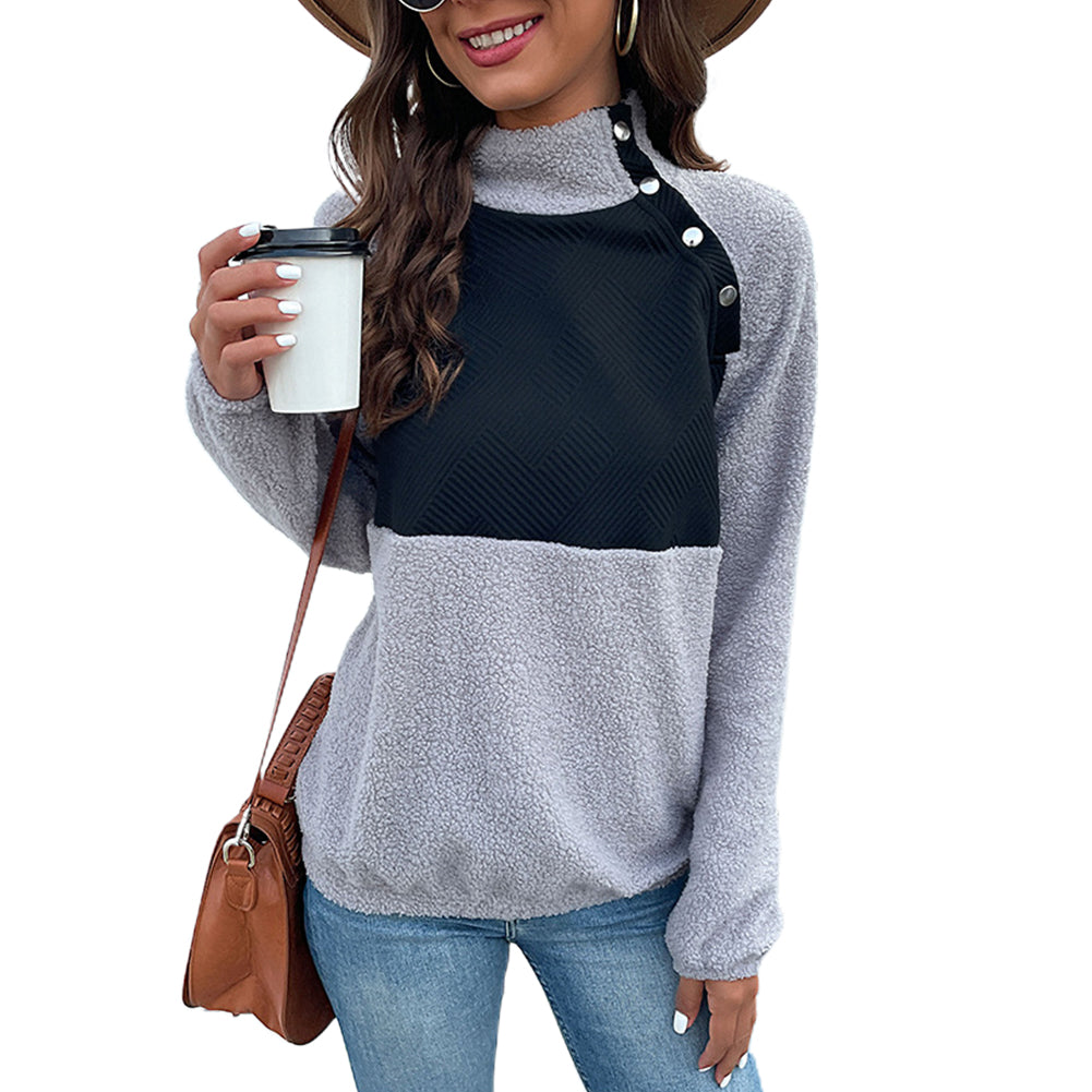 YESFASHION Color Block Long Sleeve Mock Neck Fleece Sweatshirts