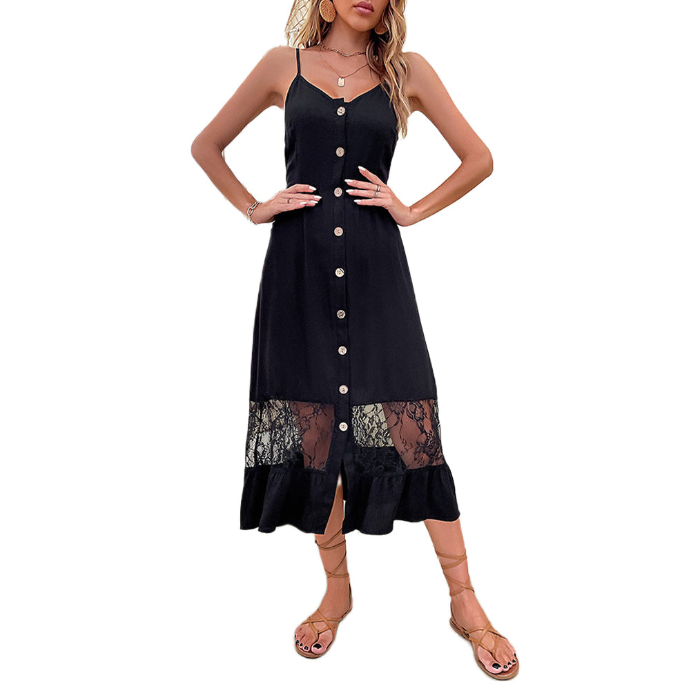 YESFASHION Ladies Summer New Strapless Sleeveless Black Lace Panel Dress