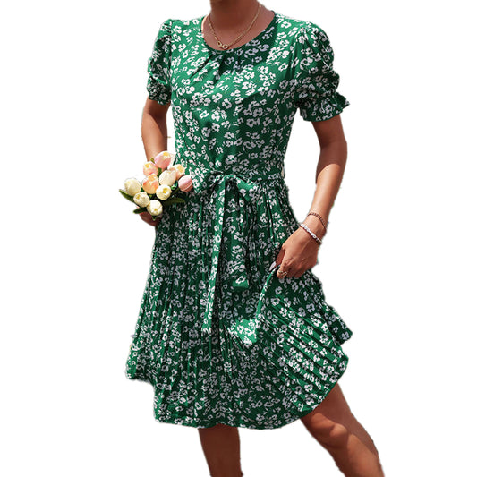 YESFASHION Women Summer New Tie Green Pleated Dress
