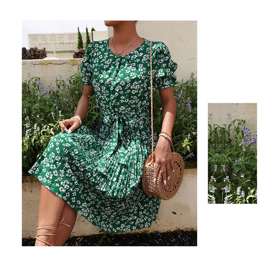 YESFASHION Women Summer New Tie Green Pleated Dress