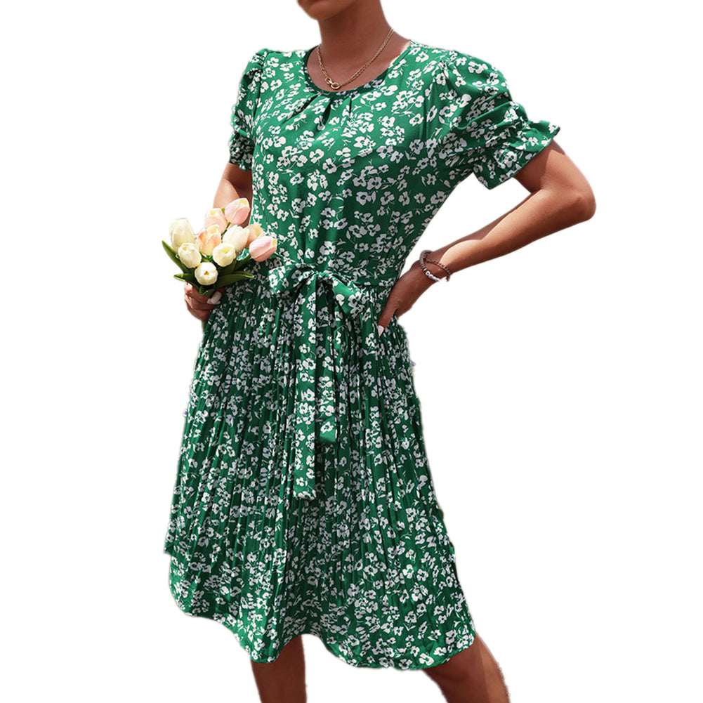 YESFASHION Women Summer New Tie Green Pleated Dress