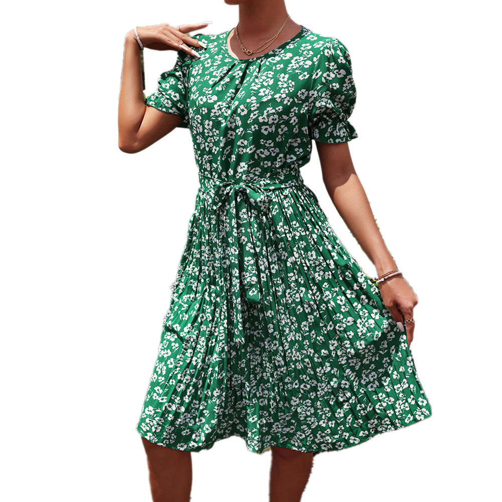 YESFASHION Women Summer New Tie Green Pleated Dress