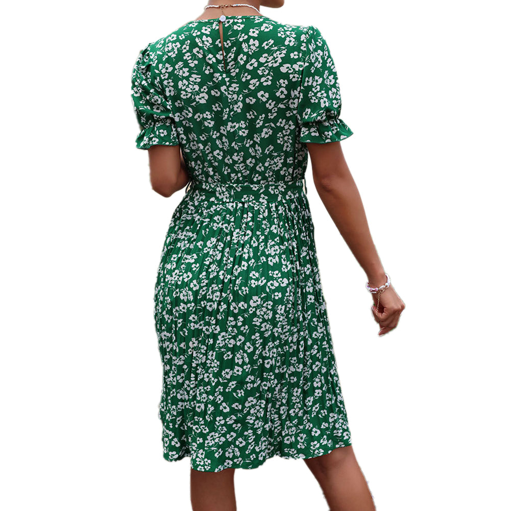 YESFASHION Women Summer New Tie Green Pleated Dress