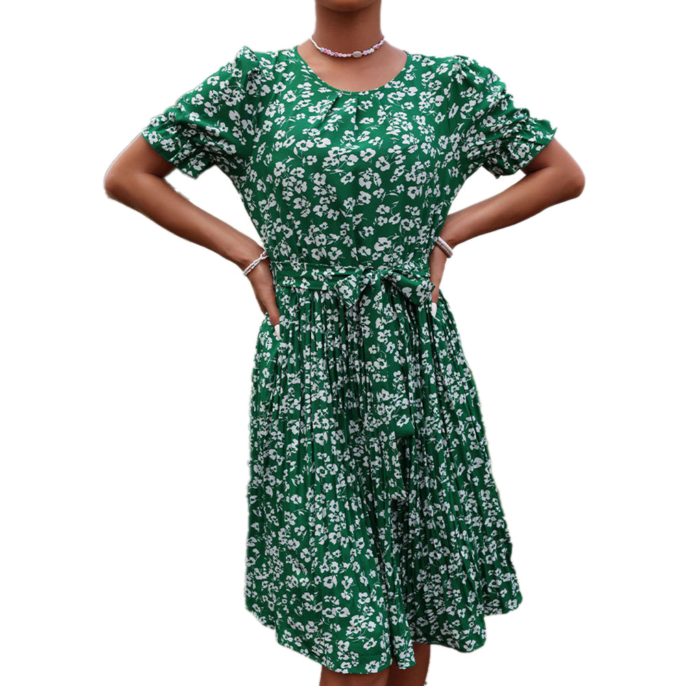 YESFASHION Women Summer New Tie Green Pleated Dress