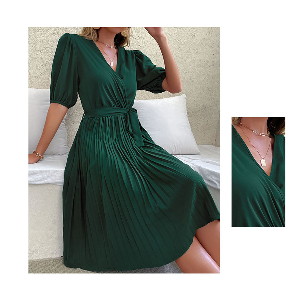 YESFASHION Women Summer Tie V-neck Pleated Dress
