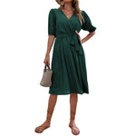YESFASHION Women Summer Tie V-neck Pleated Dress