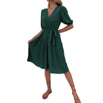 YESFASHION Women Summer Tie V-neck Pleated Dress