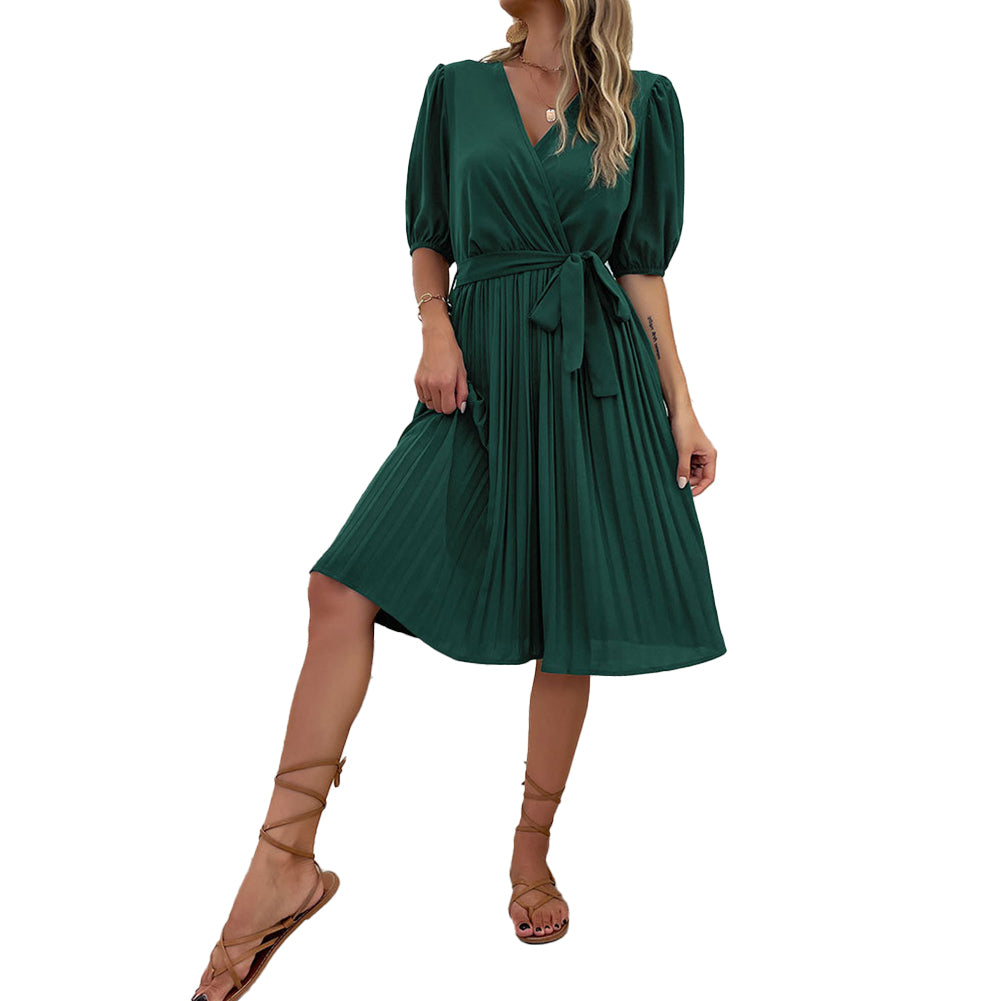 YESFASHION Women Summer Tie V-neck Pleated Dress