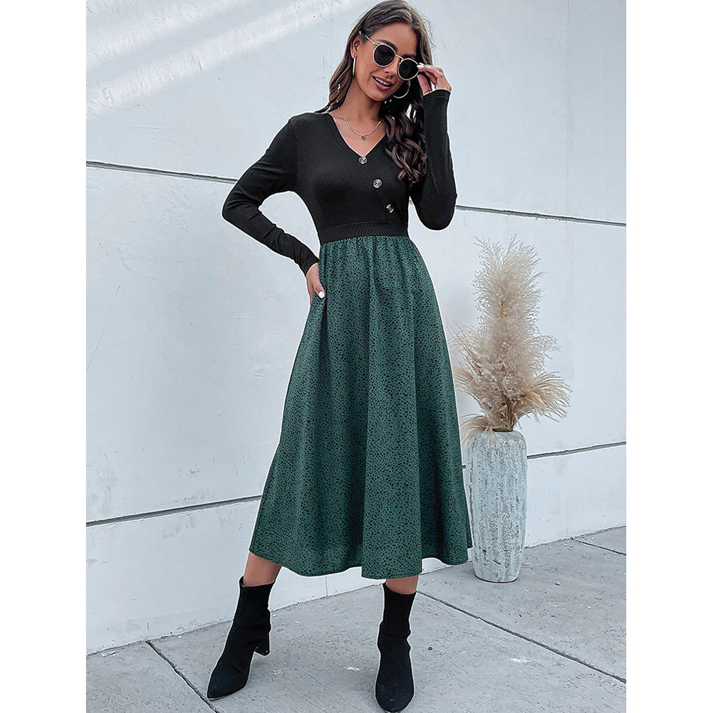 YESFASHION Women Clothing Long-sleeved Mosaic Dress