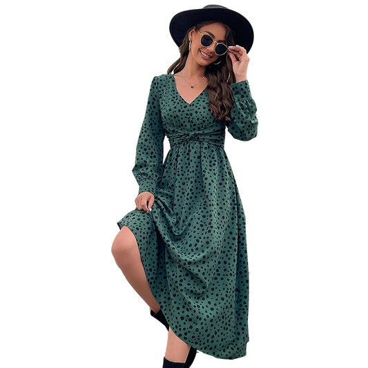 YESFASHION Women Clothing Green Long-sleeved Leopard Dress