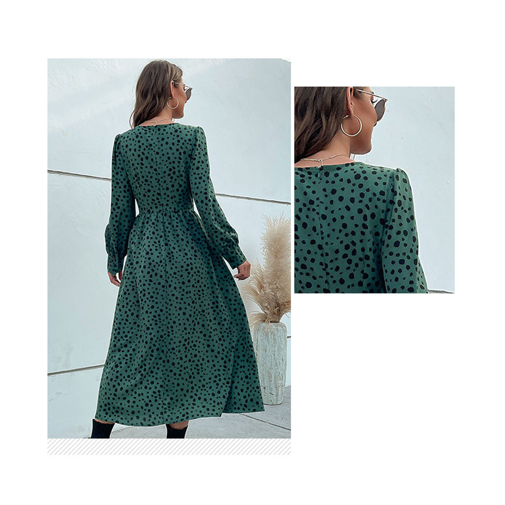 YESFASHION Women Clothing Green Long-sleeved Leopard Dress