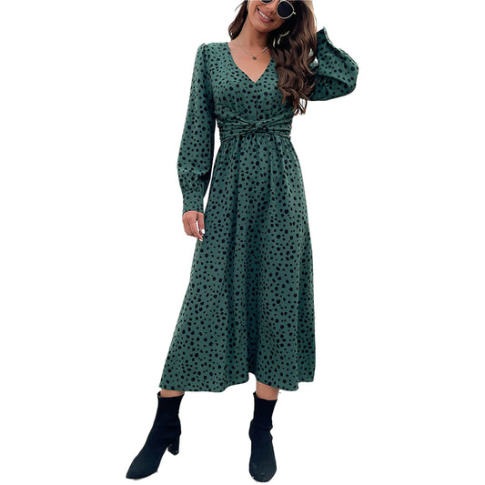 YESFASHION Women Clothing Green Long-sleeved Leopard Dress