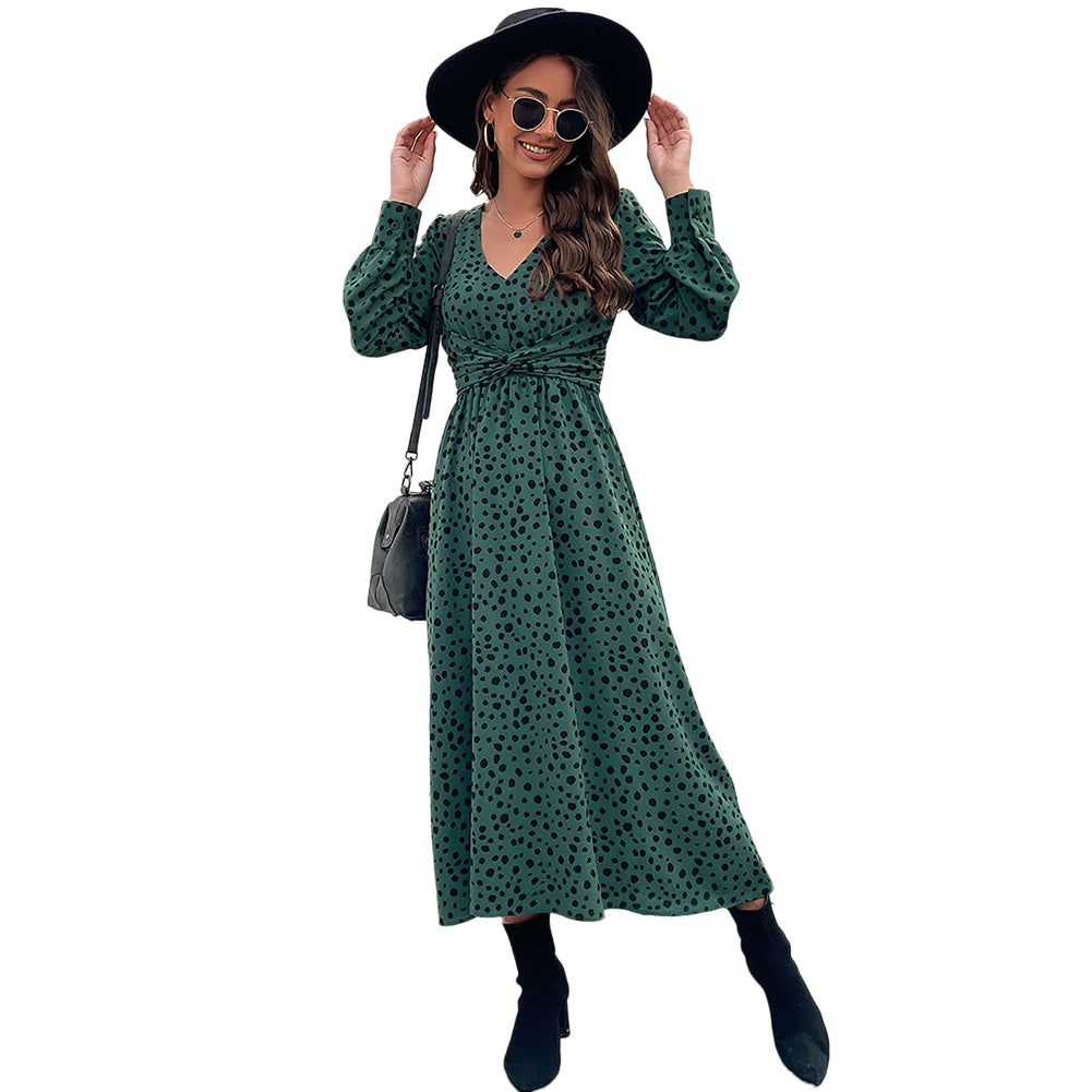YESFASHION Women Clothing Green Long-sleeved Leopard Dress