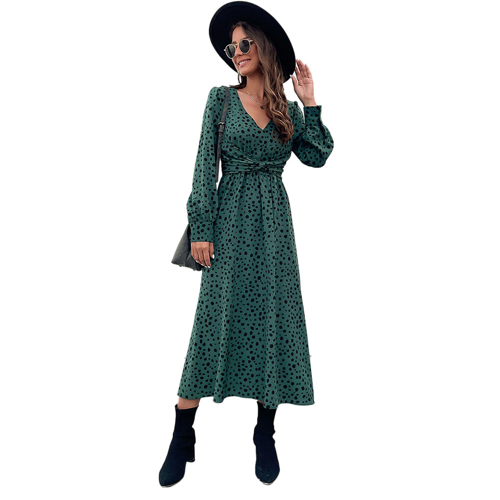 YESFASHION Women Clothing Green Long-sleeved Leopard Dress