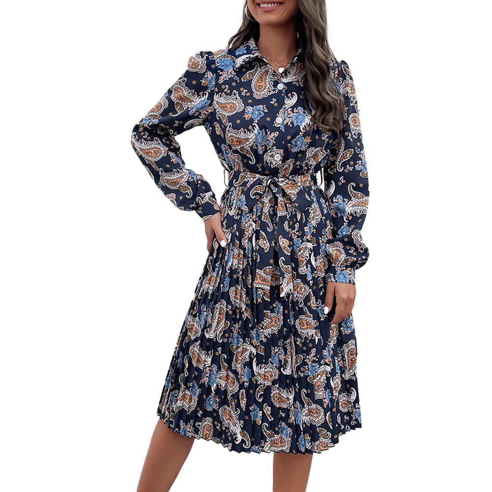 YESFASHION Women New Long Sleeve Printed Lapel Spring Dress
