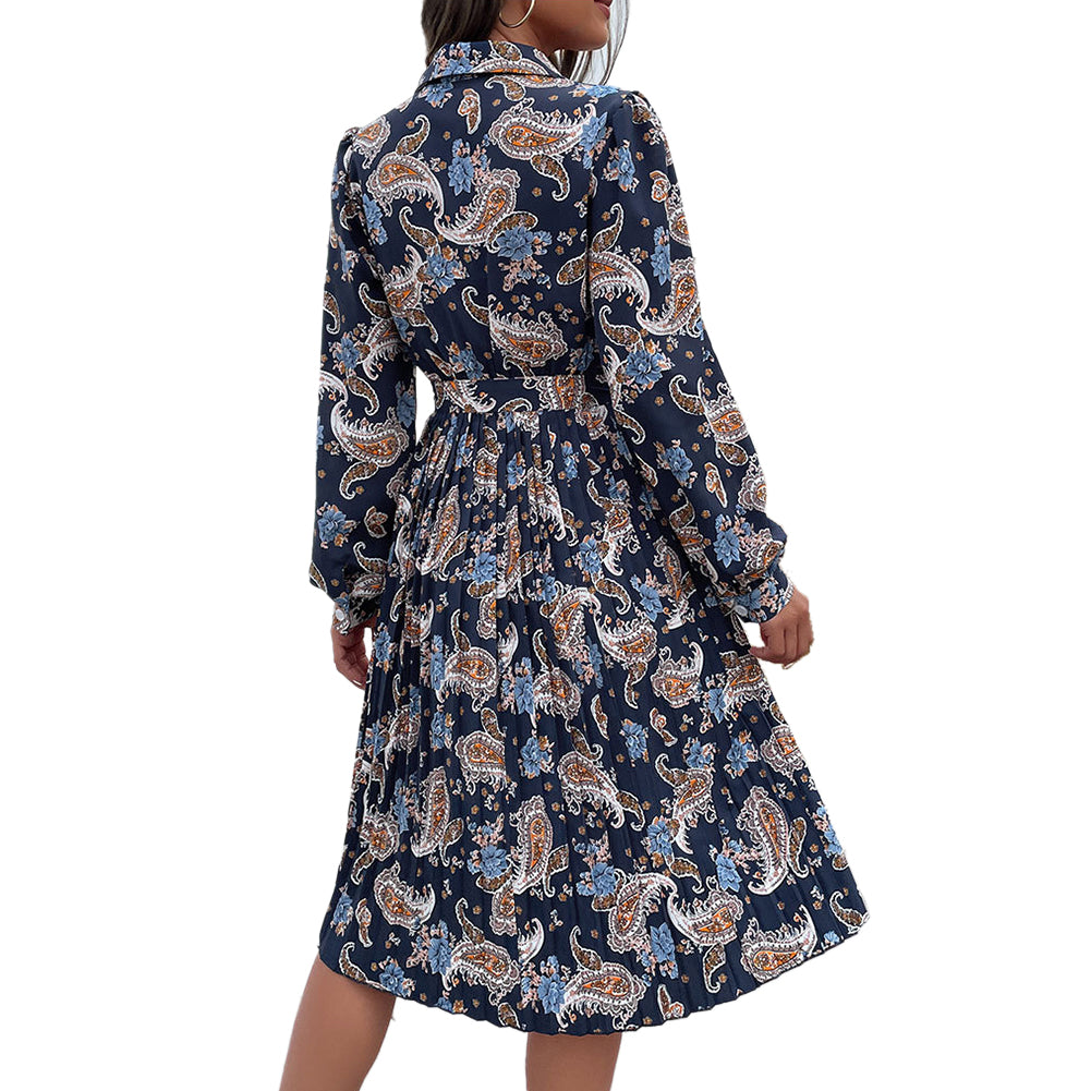 YESFASHION Women New Long Sleeve Printed Lapel Spring Dress