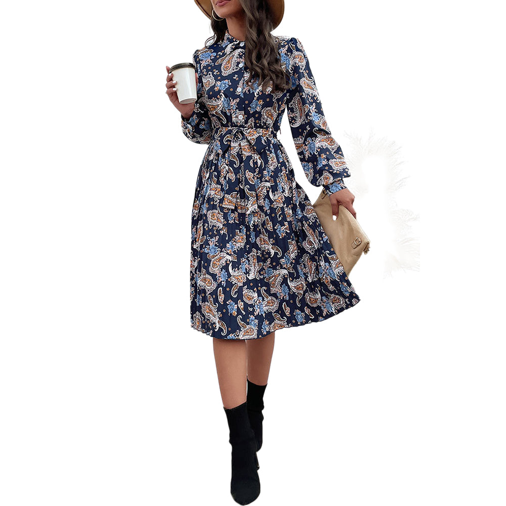 YESFASHION Women New Long Sleeve Printed Lapel Spring Dress